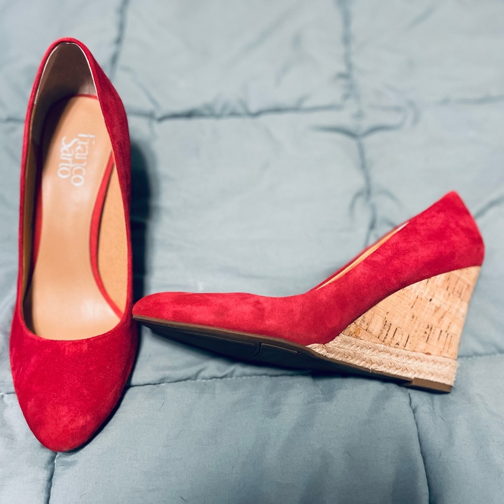 Franco Sarto Red Suede Wedges with Cork Heel